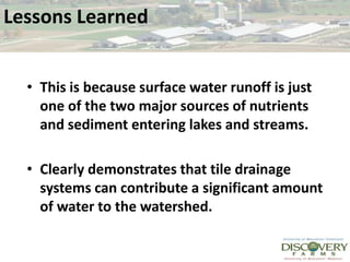 Lessons LearnedThis is because surface water runoff is just one of the two major sources of nutrients and sediment entering lakes and streams.Clearly demonstrates that tile drainage systems can contribute a significant amount of water to the watershed.
