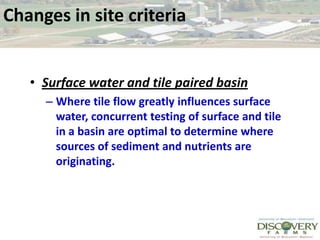 Changes in site criteriaSurface water and tile paired basinWhere tile flow greatly influences surface water, concurrent testing of surface and tile in a basin are optimal to determine where sources of sediment and nutrients are originating.  