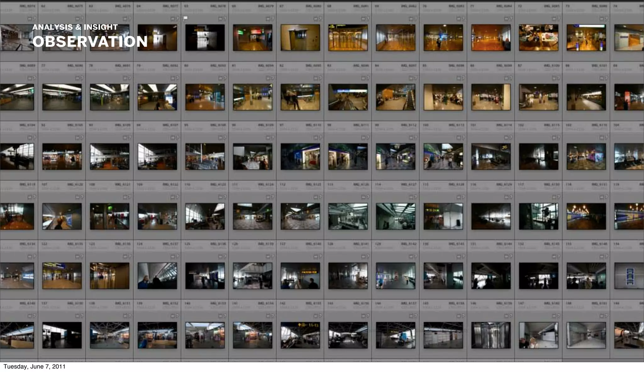 analysis & insight
         observation




                              c) Creative Commons:http://www ﬂickr.com/photos/freakapotimus/517212429/




Tuesday, June 7, 2011
 