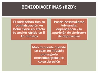 El midazolam tras su
administración en
bolus tiene un efecto
de acción rápido en 5-
15 minutos
Puede desarrollarse
tolerancia,
dependencia y la
aparición de síndrome
de deprivación
Más frecuente cuando
se usan en infusión
prolongada
benzodiacepinas de
corta duración
BENZODIACEPINAS (BZD):
 