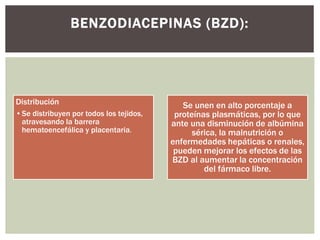 Distribución
•Se distribuyen por todos los tejidos,
atravesando la barrera
hematoencefálica y placentaria.
Se unen en alto porcentaje a
proteínas plasmáticas, por lo que
ante una disminución de albúmina
sérica, la malnutrición o
enfermedades hepáticas o renales,
pueden mejorar los efectos de las
BZD al aumentar la concentración
del fármaco libre.
BENZODIACEPINAS (BZD):
 