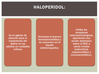 Es el agente de
elección para el
tratamiento del
delirio en los
adultos en cuidados
críticos
Atraviesa la barrera
hematoencefálica y
se concentra en el
líquido
cefalorraquídeo.
Inhibe los
receptores
catecolaminérgicos,
ejerciendo una
acción depresora
sobre el SNC a
varios niveles
(subcortical,
mesencefálico y
troncoencefálico).
HALOPERIDOL:
 