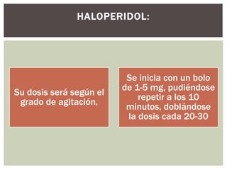 Su dosis será según el
grado de agitación,
Se inicia con un bolo
de 1-5 mg, pudiéndose
repetir a los 10
minutos, doblándose
la dosis cada 20-30
HALOPERIDOL:
 