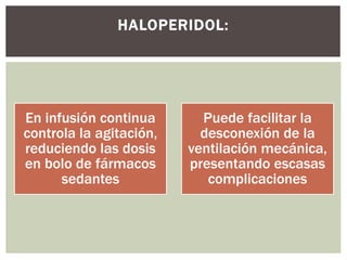 En infusión continua
controla la agitación,
reduciendo las dosis
en bolo de fármacos
sedantes
Puede facilitar la
desconexión de la
ventilación mecánica,
presentando escasas
complicaciones
HALOPERIDOL:
 