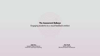 Rob Vinall
Senior Lecturer
BA (Hons) Interior Architecture
Juliet Eve
Assistant Head of School
Centre for Learning & Teaching
The Assessment Bullseye
Engaging students via a visual feedback artefact
 