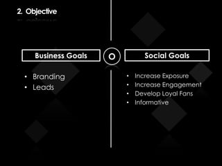 2. Objective
• Branding
• Leads
Business Goals Social Goals
• Increase Exposure
• Increase Engagement
• Develop Loyal Fans
• Informative
O
 