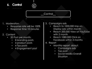 6. Control C
1. Moderation
• Response rate will be 100%
• Response time 10 minutes
2. Content
• 20 Post per month:
• 8 branding posts
• 4 product posts
• 4 Tips posts
• 4 Engagement post
3. Campaigns ads
• Reach to 1000,000 Imp on
Display ads within month
• Reach 200,000 View on YouTube
with 2 month
• Reach 1000.000 Click on
Facebook within 3 months
4. Report
• Monthly report about:
• Campaigns ads
• Top post
• Social Media Overall
Situation
__Control__
 