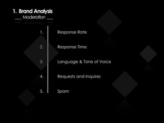 1. Brand Analysis
___ Moderation ___
1. Response Rate
2. Response Time
3. Language & Tone of Voice
4. Requests and Inquires
5. Spam
 
