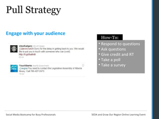 Pull Strategy Engage with your audience   Respond to questions Ask questions Give credit and RT Take a poll Take a survey How-To: 