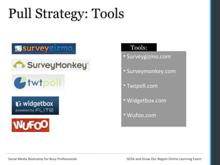 Pull Strategy: Tools Surveygizmo.com  Surveymonkey.com Twtpoll.com Widgetbox.com Wufoo.com Tools: 