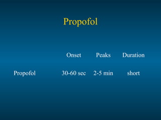 Propofol
Onset Peaks Duration
Propofol 30-60 sec 2-5 min short
 