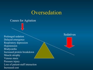 Oversedation
Sedatives
Causes for Agitation
Prolonged sedation
Delayed emergence
Respiratory depression
Hypotension
Bradycardia
Increased protein breakdown
Muscle atrophy
Venous stasis
Pressure injury
Loss of patient-staff interaction
Increased cost
 