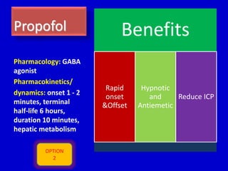 Propofol 
Pharmacology: GABA 
agonist 
Pharmacokinetics/ 
dynamics: onset 1 - 2 
minutes, terminal 
half-life 6 hours, 
duration 10 minutes, 
hepatic metabolism 
Benefits 
Rapid 
onset 
&Offset 
Hypnotic 
and 
Antiemetic 
Reduce ICP 
OPTION 
2 
 