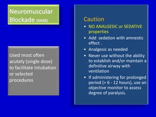 Neuromuscular 
Blockade (NMB) Caution 
• NO ANALGESIC or SEDATIVE 
properties 
• Add sedation with amnestic 
effect . 
• Analgesic as needed 
• Never use without the ability 
to establish and/or maintain a 
definitive airway with 
ventilation 
• If administering for prolonged 
period (> 6 - 12 hours), use an 
objective monitor to assess 
degree of paralysis. 
Used most often 
acutely (single dose) 
to facilitate intubation 
or selected 
procedures 
 