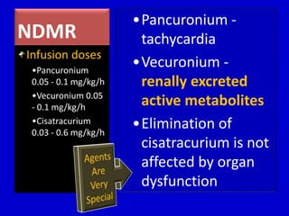 NDMR 
•Pancuronium - 
tachycardia 
•Vecuronium - 
renally excreted 
active metabolites 
•Elimination of 
cisatracurium is not 
affected by organ 
dysfunction 
Infusion doses 
•Pancuronium 
0.05 - 0.1 mg/kg/h 
•Vecuronium 0.05 
- 0.1 mg/kg/h 
•Cisatracurium 
0.03 - 0.6 mg/kg/h 
 