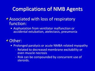 Complications of NMB Agents 
Associated with loss of respiratory 
function: 
• Asphyxiation from ventilator malfunction or 
accidental extubation, atelectasis, pneumonia 
Other: 
• Prolonged paralysis or acute NMBA related myopathy 
- Related to decreased membrane excitability or 
even muscle necrosis 
- Risk can be compounded by concurrent use of 
steroids. 
 