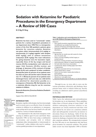 O r i g i n a l      A r t i c l e                                        Singapore Med J 2002 Vol 43(6) : 300-304




                        Sedation with Ketamine for Paediatric
                        Procedures in the Emergency Department
                        – A Review of 500 Cases
                        K C Ng, S Y Ang



                        ABSTRACT                                                  Table 1. Indications and contraindications for ketamine
                                                                                  use in KK Children’s Emergency Department.
                        Ketamine has been used to “consciously” sedate
                                                                                  Indications
                        patients for a variety of paediatric procedures in        • Short, painful procedures especially those requiring
                        our department since 1998. This is a retrospective            immobilisation. e.g. complex facial lacerations,
                        review of the first 500 paediatric patients given             reduction of fractures, and foreign body removal.
                                                                                  • Examination judged likely to produce excessive emotional
                        ketamine for conscious sedation. Ketamine                     disturbance.
                        was given, either intramuscularly (3-4 mg/kg) or
                                                                                  Contraindications
                        intravenously (1-2 mg/kg) together with atropine          • Age less than six months (use with caution for those
                        (0.02 mg/kg), with or without intravenous                   six to 12 months old)
                        midazolam (0.05 mg/kg). The main indications              • History of airway instability, tracheal surgery or
                                                                                    tracheal stenosis
                        for giving ketamine were for laceration repair,
                                                                                  • Procedures involving stimulation of posterior pharynx
                        especially those of the lip, tongue and buccal            • Active pulmonary infection or disease (including URTI)
                        mucosa (54.4%); manipulation and reduction of             • Full meal within three hours of procedure
                        upper limb fractures (25.8%); incision and                • Cardiovascular disease including angina, heart failure
                                                                                    or hypertension
                        drainage of abscesses (12%), removal of foreign           • Head injury associated with loss of consciousness,
                        bodies (6.4%) and a potpourri of other conditions.          altered mental state or emesis
                        Seventy-five point six percent of our patients were       • Central nervous system masses, abnormalities or
                                                                                    hydrocephalus
                        less than six years old and the male to female ratio      • Poorly controlled seizure disorder
                        was 1.9 : 1. Ninety-six percent of our patients were      • Glaucoma or acute globe injury
                        discharged home well and only one child (0.2%)            • Psychosis Porphyria, thyroid disorder or on thyroid medicines
                        was admitted for observation possibly as a
                        consequence of ketamine. We find ketamine to be
                                                                                      Through its use, we were able to carry out the
                        a relatively effective drug for use for conscious
                                                                                  various procedures effectively and discharge these
                        sedation in children.
                                                                                  patients home with or without follow-up, thereby
                        Keywords: Ketamine, Conscious Sedation, Paediatric        avoiding an admission and/or general anaesthesia
                        Procedures                                                for the child.

                        Singapore Med J 2002 Vol 43(6):300-304
                                                                                  MATERIALS AND METHOD
Department of                                                                     Table I gives the indications and contraindications
  Emergency Medicine
KK Women s &
                        INTRODUCTION                                              for ketamine use in our department. These guidelines
  Children s Hospital   Ketamine, together with atropine, has been increasingly   follow those of Green’s group in Loma Linda(1). All
100, Bukit Timah Road
Singapore 229899        used in recent years as an effective form of conscious    children undergoing conscious sedation in our
K C Ng,                 sedation in children in an ambulatory or emergency        department are closely monitored and their vital
 MBBS (Singapore),      room setting and its use has been found to be safe and
 MMed (Paeds)
                                                                                  signs charted by our nurses on a conscious sedation
Consultant              useful for a variety of clinical indications.             chart and subsequently reviewed by our doctors to
S Y Ang,                    Our department is the only local emergency room       determine fitness for discharge. Table II lists the
  MBBS (Singapore),     catering to children aged 16 years and below. Since
  MRCP (Paeds)                                                                    parameters that are monitored while Table III lists the
Associate Consultant    September 1998, we have been using a combination          criteria for discharge of patients from our department
Correspondence to:      of ketamine and atropine with or without                  after conscious sedation. We retrospectively reviewed
K C Ng
Tel: (65) 6394 1171     midazolam either intramuscularly or intravenously to      the first 500 cases in our department who had been
Fax: (65) 6394 1172     “consciously” sedate children who need to undergo         given ketamine for conscious sedation. The period
Email: keech@
kkh.com.sg              various painful procedures in our department.             under review was from September 1998 to October
 
