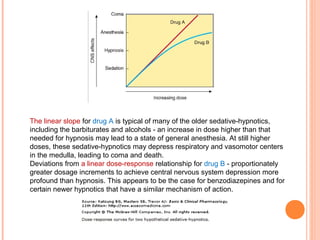 The linear slope for drug A is typical of many of the older sedative-hypnotics,
including the barbiturates and alcohols - an increase in dose higher than that
needed for hypnosis may lead to a state of general anesthesia. At still higher
doses, these sedative-hypnotics may depress respiratory and vasomotor centers
in the medulla, leading to coma and death.
Deviations from a linear dose-response relationship for drug B - proportionately
greater dosage increments to achieve central nervous system depression more
profound than hypnosis. This appears to be the case for benzodiazepines and for
certain newer hypnotics that have a similar mechanism of action.
 