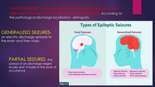 PATHOGENESIS is characterised of an abnormal and very
high electrical activity of nerve cells of the brain. According to
the pathological discharge localization -distinguish:
GENERALIZED SEIZURES-
an electric discharge spreads to
the brain and then stops
PARTIAL SEIZURES -the
spread of an discharge begins
locally and it fades in the zone of
occurrence
 