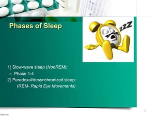 Phases of Sleep
1) Slow-wave sleep (NonREM):
– Phase 1-4
2) Paradoxal/desynchronized sleep:
(REM- Rapid Eye Movements)
5
 
