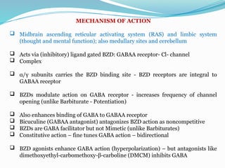 MECHANISM OF ACTION
 Midbrain ascending reticular activating system (RAS) and limbic system
(thought and mental function); also medullary sites and cerebellum
 Acts via (inhibitory) ligand gated BZD: GABAA receptor- Cl- channel
 Complex
 α/γ subunits carries the BZD binding site - BZD receptors are integral to
GABAA receptor
 BZDs modulate action on GABA receptor - increases frequency of channel
opening (unlike Barbiturate - Potentiation)
 Also enhances binding of GABA to GABAA receptor
 Bicuculine (GABAA antagonist) antagonizes BZD action as noncompetitive
 BZDs are GABA facilitator but not Mimetic (unlike Barbiturates)
 Constitutive action – fine tunes GABA action – bidirectional
 BZD agonists enhance GABA action (hyperpolarization) – but antagonists like
dimethoxyethyl-carbomethoxy-β-carboline (DMCM) inhibits GABA
 
