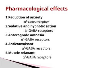 1.Reduction of anxiety
ἀ²-GABA receptors
2.Sedative and hypnotic action
ἀ¹-GABA receptors
3.Anterograde amnesia
ἀ¹-GABA receptors
4.Anticonvulsant
ἀ¹-GABA receptors
5.Muscle relaxant
ἀ²-GABA receptors
Pharmacological effects
 