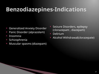  Generalized Anxiety Disorder
 Panic Disorder (alprazolam)
 Insomnia
 Schizophrenia
 Muscular spasms (diazepam)
 Seizure Disorders, epilepsy
(clonazepam , diazepam)
 Delirium
 Alcohol Withdrawal(clorazepate)
17
Benzodiazepines-Indications
 