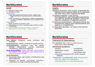 † Absorbed rapidly orally
† Distributed widely
Short acting:
Highly lipid soluble rapid onset of action, rapidly cross
blood brain barrier, placental barrier and secreted in
milk.
Action terminated by redistribution, metabolic degradation
(in liver by oxidation, dealkylation and conjugation) and
excretion.
Long Acting:
Mainly excreted unchanged in urine
† Alkalinization of urineŸ ionization and excretion (useful
in poisoning)
† induce hepatic microsomal enzyme Ÿ enhanced
degradation of many drugs Ÿ ↓ effectiveness
Barbiturates
ADME
Sedative Hypnotic: due to their propensity for
addiction and reduced effect over extended
use they have been replaced by BDZs
† Anticonvulsants: Long Acting
Phenobarbitone and methylphenobarbitone
are used for grandmal epilepsy. Cannot be
used for treatment of absence seizures
† General Anaesthetics: Ultrashort acting like
thiopentone sodium and methohexitone are
used as iv anaesthetics
† Neonatal Jaundice: to induce microsomal
enzymes
Barbiturates
USES:
Side Effects: Hangover, cause confusion and
amnesia
Hypersensitivity: rashes, swelling of eyelids and lips
Contraindications: porphyria, liver and kidney
disease, emphysema (severe pulmonary
insufficiency, obstructive aponea)
Drug Automatism: cause confusion and amnesia.
The patient may repeatedly take barbiturate at
night and poison himself.
Drug Interaction:
1. Synergistic effect with alcohol, antihistamine and
other sedatives
2. Induction of hepatic microsomal enzymesŸ
inactivation of drugs including themselves.
Barbiturates
On repeated use, tolerance and physical
dependence may develop.
Withdrawal symptoms:
•anxiety, •excitement,
•abdominal cramps, •Hypotension,
•delirium, •convulsions and
•may be accompanied with cardio-vascular
collapse
Treatment: Symptomatic and replacement
may be made with diazepam,
chloralhydrate or chlordiazepoxide
Barbiturates
Tolerance & Dependence:
 