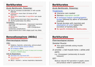 „ Due to overdose accidentally or with suicide
attempt
„ Lethal dose more than 10 times of full
hypnotic.
„ Blood level more than 6 mg/100ml can cause
death.
„ Short acting more toxic than long acting.
„ Alcohol potentiates the effect.
Symptoms:
•excessive CNS depression, •depressed respiration
•fall in BP, •rapid pulse,
•renal failure, •fall in temperature
•pulmonary complications
•pupil constrict but in later stages pupil may dilate
Barbiturates
Acute Barbiturate Poisoning:
Treatment:
„ Intensive care needed
„ Maintain respiration and BP
„ If conscious induce vomiting/gastric
lavage followed by admn of activated
charcoal.
„ Forced diuresis with mannitol and
alkalization of urine hasten the
excretion of barbiturates.
„ No specific Antidote for Barbiturates.
Barbiturates
Acute Barbiturate Poisoning:
CNS:
„ Sedative, Hypnotic, antianxiety, anticonvulsant
and Central Muscle relaxant effects
„ NO analgesic effect
„ Decrease the time of onset of sleep and increase
duration of NREM sleep
CVS & Respiration:
„ Decrease H.R. but lower B.P.
„ Decrease respiration (very less as compared to
barbiturates)
„ BDZs + alcohol Ÿ serious respiratory depression
Benzodiazepines (BDZs)
Pharmacological Actions
Skeletal Muscle:
„ Very good centrally acting muscle
relaxants
In anxiety Ÿ↑ed muscle toneŸ aches and
pains
e.g. Clonazepam (antianxiety & muscle
relaxant)
GIT:
Reduce natural HCl secretion in peptic ulcers
and produce relief in spasmodic colic
Barbiturates
Pharmacological Actions
 