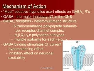 Dr. Majdi BkhaitanDr. Majdi Bkhaitan
Mechanism of ActionMechanism of Action
• “Most” sedative-hypnotics exert effects on GABAA R’s
• GABA - the major inhibitory NT in the CNS
• GABAA receptors - heteromultimeric structure
– 5 transmembrane polypeptide subunits
per receptor/channel complex
– α,β,δ,ε,γ,π polypetide subtypes
– muliple isoforms for each (e.g. α1-6)
• GABA binding stimulates Cl-
current
- hyperpolarizing effect
- inhibitory effect on neuronal
excitability
 