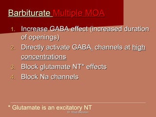 Dr. Majdi BkhaitanDr. Majdi Bkhaitan
BarbiturateBarbiturate Multiple MOAMultiple MOA
1.1. Increase GABA effect (increased durationIncrease GABA effect (increased duration
of openings)of openings)
2.2. Directly activate GABADirectly activate GABAAA channels atchannels at highhigh
concentrationsconcentrations
3.3. Block glutamate NT* effectsBlock glutamate NT* effects
4.4. Block Na channelsBlock Na channels
* Glutamate is an excitatory NT
 