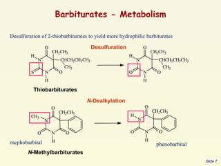 Barbiturates - Metabolism
Desulfuration
Thiobarbiturates
N-Methylbarbiturates
N-Dealkylation
Slide 7
mephobarbital phenobarbital
Desulfuration of 2-thiobarbiturates to yield more hydrophilic barbiturates
 
