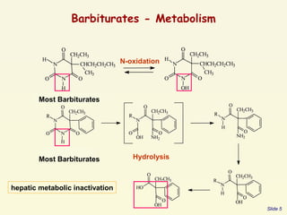 Barbiturates - Metabolism
hepatic metabolic inactivation
N-oxidation
Hydrolysis
Most Barbiturates
Most Barbiturates
Slide 5
 
