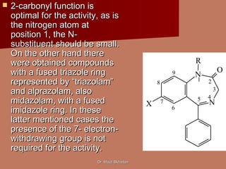 Dr. Majdi BkhaitanDr. Majdi Bkhaitan
 2-carbonyl function is2-carbonyl function is
optimal for the activity, as isoptimal for the activity, as is
the nitrogen atom atthe nitrogen atom at
position 1, the N-position 1, the N-
substituent should be small.substituent should be small.
On the other hand thereOn the other hand there
were obtained compoundswere obtained compounds
with a fused triazole ringwith a fused triazole ring
represented by “triazolam”represented by “triazolam”
and alprazolam, alsoand alprazolam, also
midazolam, with a fusedmidazolam, with a fused
imidazole ring. In theseimidazole ring. In these
latter mentioned cases thelatter mentioned cases the
presence of the 7- electron-presence of the 7- electron-
withdrawing group is notwithdrawing group is not
required for the activity.required for the activity.
N
N
O
X
R
1 2
3
45
6
7
8
9
 