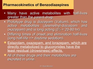 Dr. Majdi BkhaitanDr. Majdi Bkhaitan
Pharmacokinetics of Benzodiazepines
• Many have active metabolites with half-livesMany have active metabolites with half-lives
greater than the parent drug.greater than the parent drug.
• Prototype drug is diazepam (Valium), which hasPrototype drug is diazepam (Valium), which has
active metabolites (desmethyl-diazepam andactive metabolites (desmethyl-diazepam and
oxazepam) and is long acting (t½ = 20-80 hr).oxazepam) and is long acting (t½ = 20-80 hr).
• Differing times of onset and elimination half-livesDiffering times of onset and elimination half-lives
(long half-life => daytime sedation).(long half-life => daytime sedation).
 Estazolam, oxazepam, and lorazepam, which are
directly metabolized to glucoronides have the
least residual (drowsiness) effects.
 All of these drugs and their metabolites areAll of these drugs and their metabolites are
excreted in urine.excreted in urine.
 
