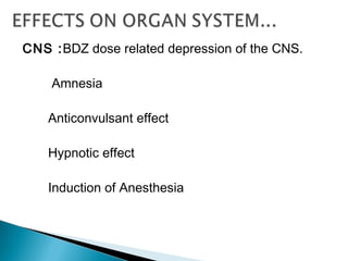 CNS :BDZ dose related depression of the CNS.
Amnesia
Anticonvulsant effect
Hypnotic effect
Induction of Anesthesia
 
