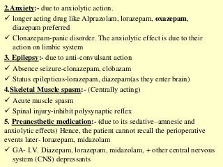 2.Anxiety:- due to anxiolytic action.
 longer acting drug like Alprazolam, lorazepam, oxazepam,
diazepam preferred
 Clonazepam-panic disorder. The anxiolytic effect is due to their
action on limbic system
3. Epilepsy:- due to anti-convulsant action
 Absence seizure-clonazepam, clobazam
 Status epilepticus-lorazepam, diazepam(as they enter brain)
4.Skeletal Muscle spasm:- (Centrally acting)
 Acute muscle spasm
 Spinal injury-inhibit polysynaptic reflex
5. Preanesthetic medication:- (due to its sedative–amnesic and
anxiolytic effects) Hence, the patient cannot recall the perioperative
events later- lorazepam, midazolam
 GA- I.V. Diazepam, lorazepam, midazolam, + other central nervous
system (CNS) depressants
 