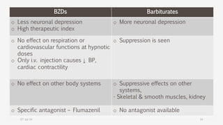 07-Jul-14 14
BZDs Barbiturates
o Less neuronal depression
o High therapeutic index
o More neuronal depression
o No effect on respiration or
cardiovascular functions at hypnotic
doses
o Only i.v. injection causes ↓ BP,
cardiac contractility
o Suppression is seen
o No effect on other body systems o Suppressive effects on other
systems,
- Skeletal & smooth muscles, kidney
o Specific antagonist – Flumazenil o No antagonist available
 
