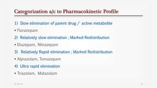 Categorization a/c to Pharmacokinetic Profile
1) Slow elimination of parent drug / active metabolite
 Flurazepam
2) Relatively slow elimination ; Marked Redistribution
 Diazepam, Nitrazepam
3) Relatively Rapid elimination ; Marked Redistribution
 Alprazolam, Temazepam
4) Ultra rapid elimination
 Triazolam, Midazolam
07-Jul-14 17
 