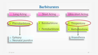 Barbiturates
07-Jul-14 30
Long Acting Short Acting Ultra-short Acting
• Phenobarbitone • Butobarbitone
• Pentobarbitone
• Thiopentone
• Methohexitone
o Epilepsy
o Neonatal jaundice
Anaesthesia
 