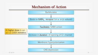 Barbiturates
Binds to GABAA receptor (on α or β subunit)
Facilitates GABA action
Increase in duration of opening of Cl-
channel
Membrane hyperpolarization
CNS depression
At higher dose it can
act as GABA mimetics
Mechanism of Action
07-Jul-14 31
 
