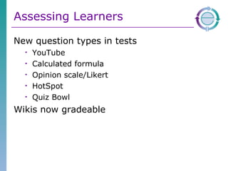 Assessing Learners New question types in tests YouTube Calculated formula Opinion scale/Likert HotSpot Quiz Bowl Wikis now gradeable 
