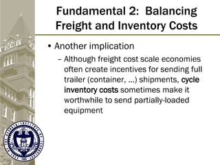 Fundamental 2: Balancing
Freight and Inventory Costs
• Another implication
– Although freight cost scale economies
often create incentives for sending full
trailer (container, …) shipments, cycle
inventory costs sometimes make it
worthwhile to send partially-loaded
equipment
 