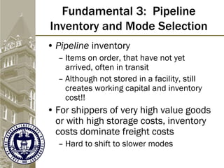 Fundamental 3: Pipeline
Inventory and Mode Selection
• Pipeline inventory
– Items on order, that have not yet
arrived, often in transit
– Although not stored in a facility, still
creates working capital and inventory
cost!!
• For shippers of very high value goods
or with high storage costs, inventory
costs dominate freight costs
– Hard to shift to slower modes
 