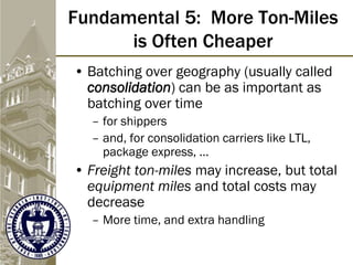 Fundamental 5: More Ton-Miles
is Often Cheaper
• Batching over geography (usually called
consolidation) can be as important as
batching over time
– for shippers
– and, for consolidation carriers like LTL,
package express, …
• Freight ton-miles may increase, but total
equipment miles and total costs may
decrease
– More time, and extra handling
 