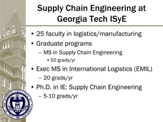 Supply Chain Engineering at
Georgia Tech ISyE
• 25 faculty in logistics/manufacturing
• Graduate programs
– MS in Supply C...
