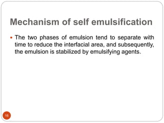Mechanism of self emulsification 
16 
 The two phases of emulsion tend to separate with 
time to reduce the interfacial area, and subsequently, 
the emulsion is stabilized by emulsifying agents. 
 