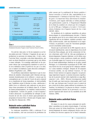 18  EDUCACIÓ FÍSICA I ESPORTS
ACTIVITAT FÍSICA I SALUT
83 • 1r trimestre 2006 (12-24)
Un estil de vida actiu i el fet de mantenir-se en for-
ma poden prevenir l’obesitat i l’augment de pes que es
produeixen en persones de mitjana edat. A més a més,
l’activitat física, associada a una dieta hipocalòrica, pot
tenir un efecte beneficiós en persones que ja són obeses
o tenen sobrepès. Un avantatge addicional en les per-
sones obeses que aconsegueixen mantenir-se actives és
la seva influència sobre el perfil de risc per a la salut,
car es redueix la tendència a patir afeccions cardíaques i
diabetis (Fogelholm i cols., 2000).
Un problema especialment important és que la inci-
dència de malalties relacionades amb l’obesitat està aug-
mentant dramàticament en la infància i, encara que les
conseqüències per a la salut de l’excés de greix corporal
no es manifesten de forma immediata, és molt probable
que l’epidèmia actual d’obesitat en nens, adolescents i
adults joves es reflecteixi més endavant en una preva-
lença sense precedents de la diabetis tipus II, el càncer
de mama postmenopàusic, les malalties cardiovasculars,
la hipertensió, l’artritis als genolls, el mal d’esquena i
d’altres alteracions. La probabilitat de sobrepès en ado-
lescents de tots dos sexes és menor quan participen en
programes d’exercici físic o formen part d’equips espor-
tius (Bar-Or i Baranovski, 1994).
Relació entre activitat física
i síndrome metabòlica
La síndrome metabòlica (SM) o síndrome X no
és una malaltia, sinó una associació de problemes de
salut causats per la combinació de factors genètics i
factors associats a l’estil de vida, especialment la so-
brealimentació i l’absència d’activitat física. L’excés
de greix i la inactivitat física afavoreixen la insulino-
resistència, però alguns individus es troben predispo-
sats genèticament a patir-la. L’Organització Mundial
de la Salut ha establert els criteris per fer el diagnòs-
tic de la SM que s’indiquen a la taula 2. Cal la pre-
sència d’almenys tres d’aquests factors de risc o més
(NCEP, 2001).
La incidència de la síndrome metabòlica als països
desenvolupats és extraordinàriament elevada i l’interès
que desperta prové de la seva relació amb un increment
significatiu del risc de diabetis, malaltia coronària i ma-
laltia cerebrovascular, amb una disminució en la super-
vivència, en particular a causa de l’increment quintupli-
cat de la mortalitat cardiovascular.
Encara que la prevenció de la SM requereix una in-
tervenció multifactorial, atesa la importància d’un nivell
d’activitat física adequat, per tal de contrarestar els fac-
tors relacionats amb l’estil de vida que predisposen al
desenvolupament d’aquesta síndrome, en els últims anys
s’estan portant a terme nombrosos estudis per identifi-
car el possible paper de l’exercici en la seva prevenció.
En un estudi epidemiològic finalitzat no fa gaire (estudi
Heritage), es va determinar la presència de la SM i dels
seus factors de risc en un grup de 621 subjectes sedenta-
ris i sense malalties cròniques. Després de 20 setmanes
d’exercici aeròbic, un cop realitzat l’exercici, 32 van
deixar d’estar inclosos en aquesta categoria i un percen-
tatge important d’aquests va mostrar descensos significa-
tius de la pressió arterial i dels triglicèrids en sang (Kat-
zmarzyk i cols., 2003). Diverses investigacions també
han fet palès que intervencions relacionades amb l’estil
de vida, que inclouen tant l’exercici com el control de
pes a través de la dieta, poden millorar la resistència a la
insulina i la tolerància a la glucosa en obesos i resulten
extraordinàriament efectius en la prevenció o en el re-
tard de l’aparició dels factors de risc metabòlic de la SM
(Scheen, 2004).
Relació entre activitat física
i càncer
El càncer és una de les causes principals de morbi-
ditat i mortalitat en els països desenvolupats. L’activitat
física pot actuar de forma beneficiosa, tot prevenint el
desenvolupament de tumors mitjançant efectes com ara
la millora de diversos aspectes de la funció immunità-
Factors de risc Nivell
1. Circumferència de la cintura
Homes
Dones
>102 cm (40 in.)
>88 cm (35 in.)
2. HDL-C
Homes
Dones
<40 mg/dL
<50 mg/dL
3. Triglicèrids 150 mg/dl
4. Glucosa en dejú 110 mg/dl
5. Pressió arterial 130/85
Presència de tres o més dels següents cinc factors de risc: greix
abdominal, baix HDL-C, hipertrigliceridemia, hiperglucemia de dejuni i/o
hipertensió.

Taula 2
Factors de risc de la síndrome metabòlica. (Font: National
Cholesterol Education Program; Adult Treatment Panel III, 2001).
 