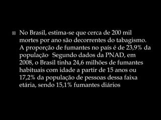 No Brasil, estima-se que cerca de 200 mil mortes por ano são decorrentes do tabagismo. A proporção de fumantes no país é de 23,9% da população.  Segundo dados da PNAD, em 2008, o Brasil tinha 24,6 milhões de fumantes habituais com idade a partir de 15 anos ou 17,2% da população de pessoas dessa faixa etária, sendo 15,1% fumantes diários