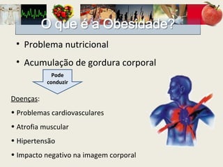 Problema nutricional Acumulação de gordura corporal Pode conduzir Doenças : Problemas cardiovasculares Atrofia muscular Hipertensão Impacto negativo na imagem corporal 